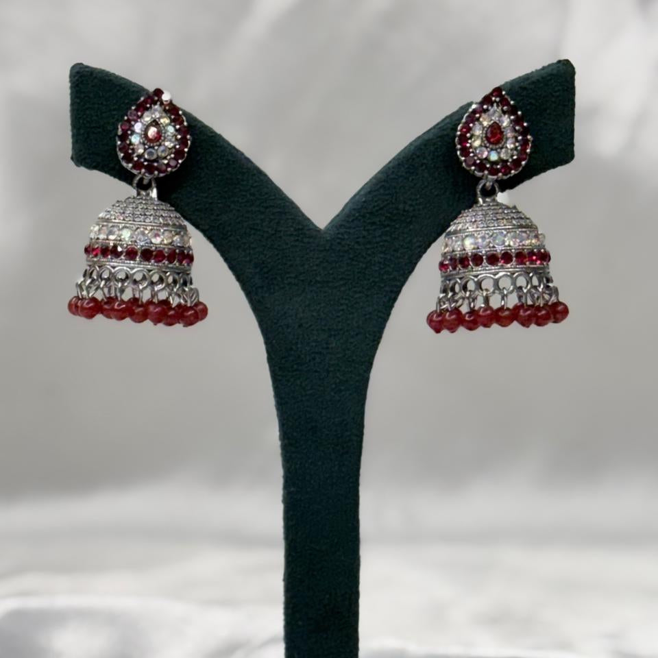 Red Stone Oxidised Silver Jhumka Earrings,llb583
