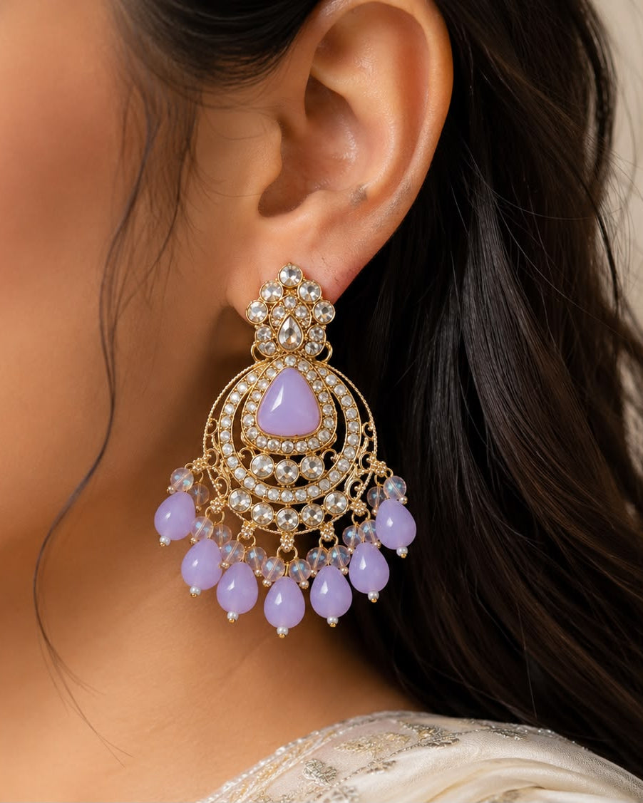 Lavender Chandbali Earrings with Crystal & Bead Drops |llb0144