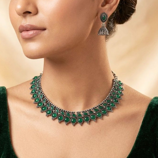 Green Oxidised Silver Necklace | llb044