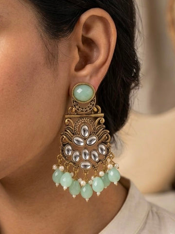 Kundan Mint Green Crystal Drop Chandbali Earrings | LLB0163