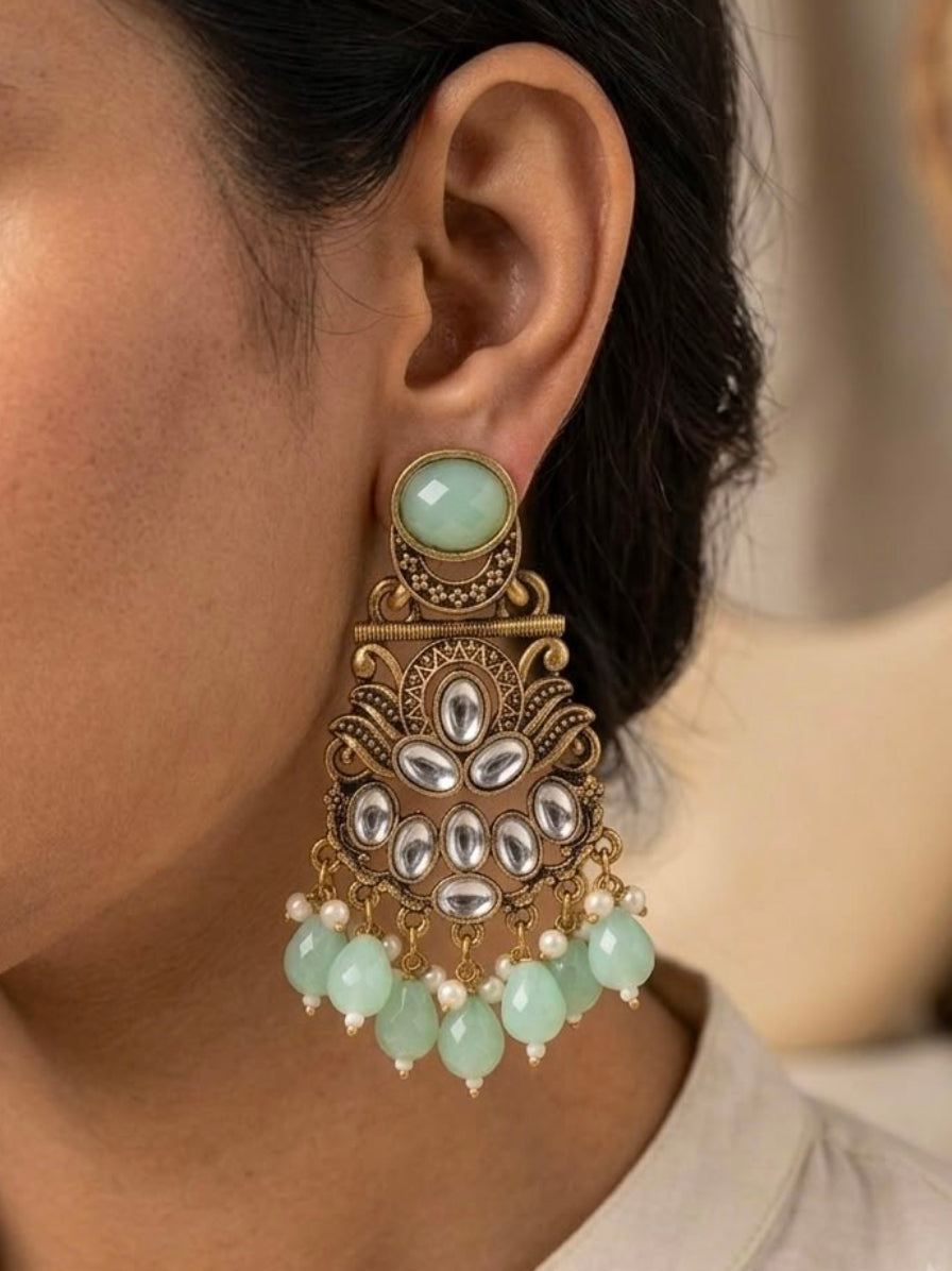 Kundan Mint Green Crystal Drop Chandbali Earrings | LLB0163
