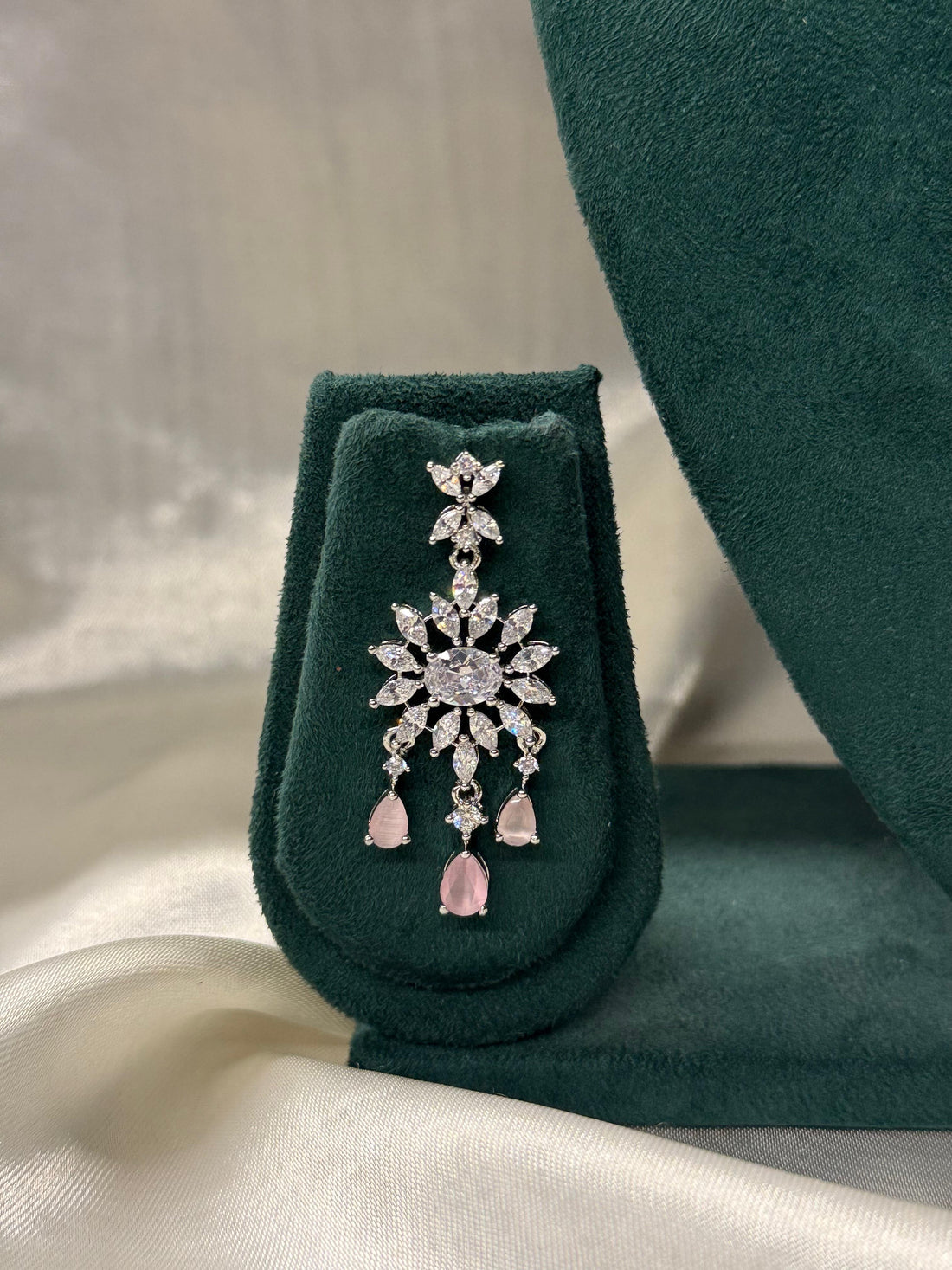 Elegant Silver CZ Necklace Set with Pink Stone Drops,llb333