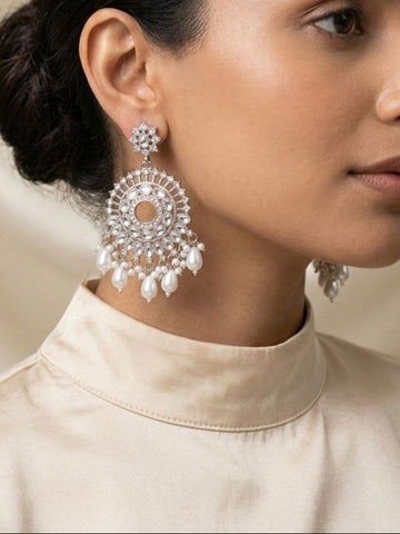 Silver Polki Chandbali Earrings with Pearl Drops | llb040