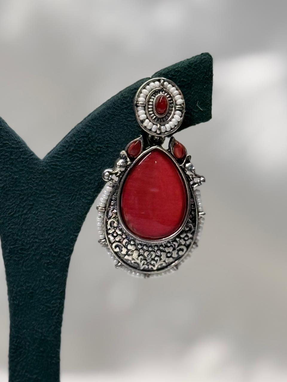 Oxidised Silver Red Stone Drop Earrings with Pearls,llb606
