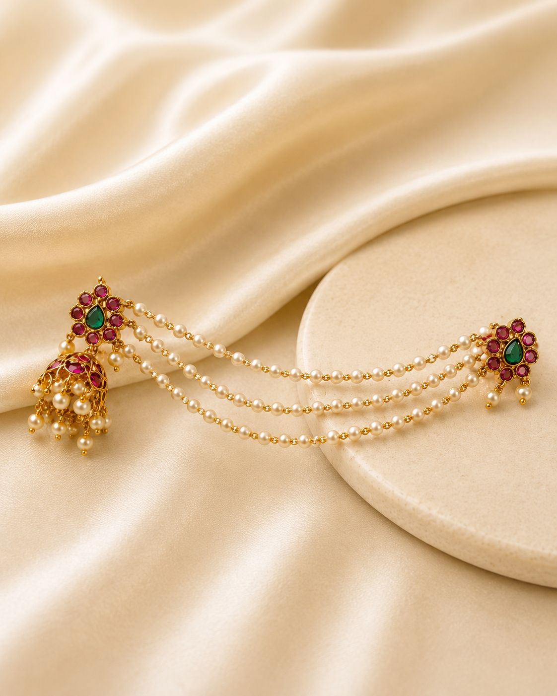 Kemp Stone Jhumka with Pearl Chain Connector | LV1408