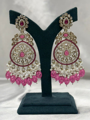 Pink Kundan Chandbali Earrings with Pearl Drops,620