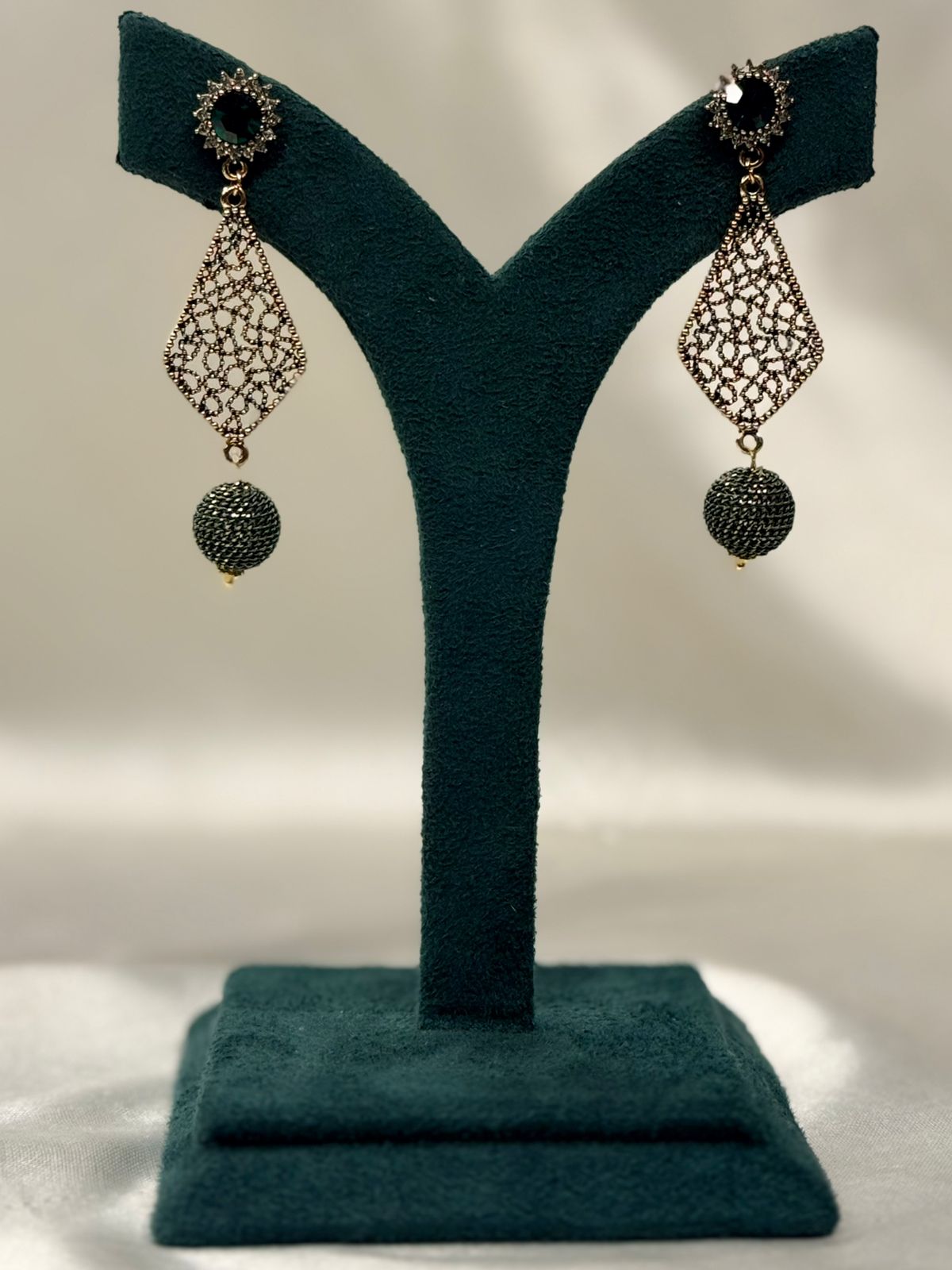 Vintage Green Crystal Drop Earrings with Filigree Detail,llb708