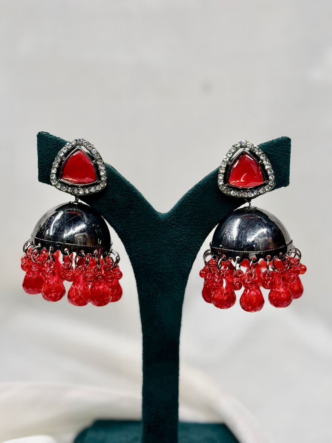 Oxidised Silver Red Stone Jhumka Earrings with Beads,llb4422