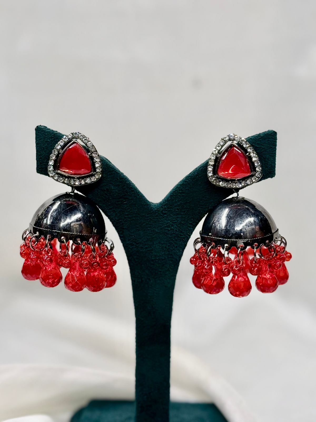 Oxidised Silver Red Stone Jhumka Earrings with Beads,llb4422