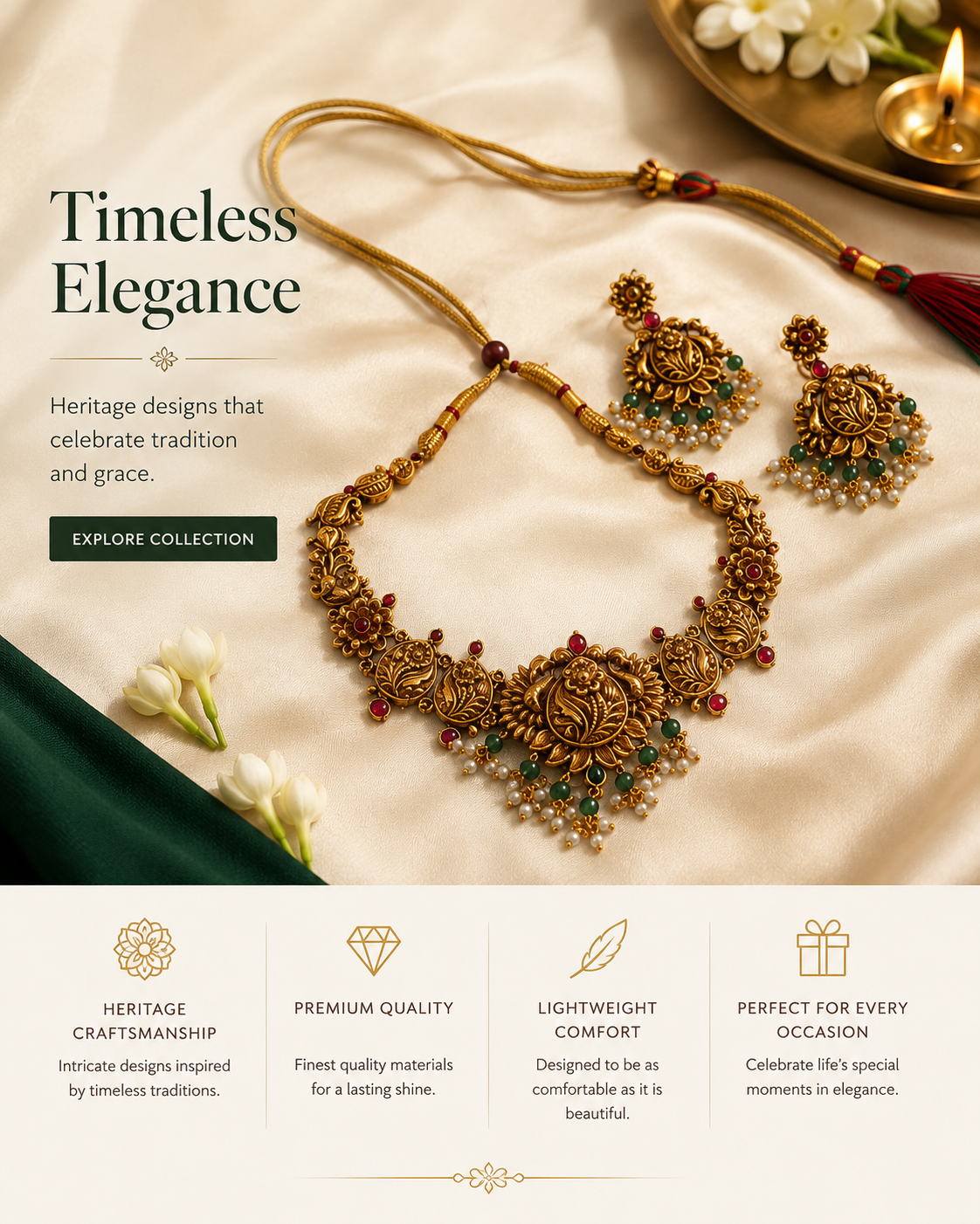 Antique Gold Floral Temple Necklace Set with Emerald Beads & Pearl Drops | LLB0222