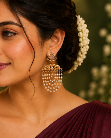 Gold Kundan Pearl Chandelier Earrings with Multi-Strand Drops | OL205