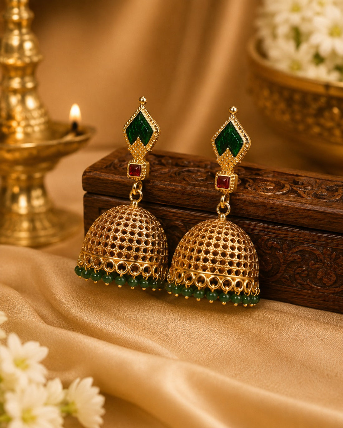 Antique Gold Mesh Jhumka Earrings with Emerald & Ruby | OL220