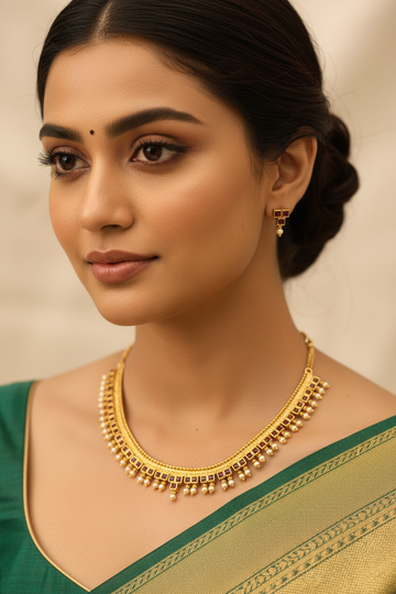 Gold Kemp Ruby Necklace Set with Earrings on Model