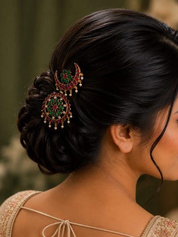 Antique Gold Kemp Ruby Emerald Crescent Chandbali Earrings | LLB0267