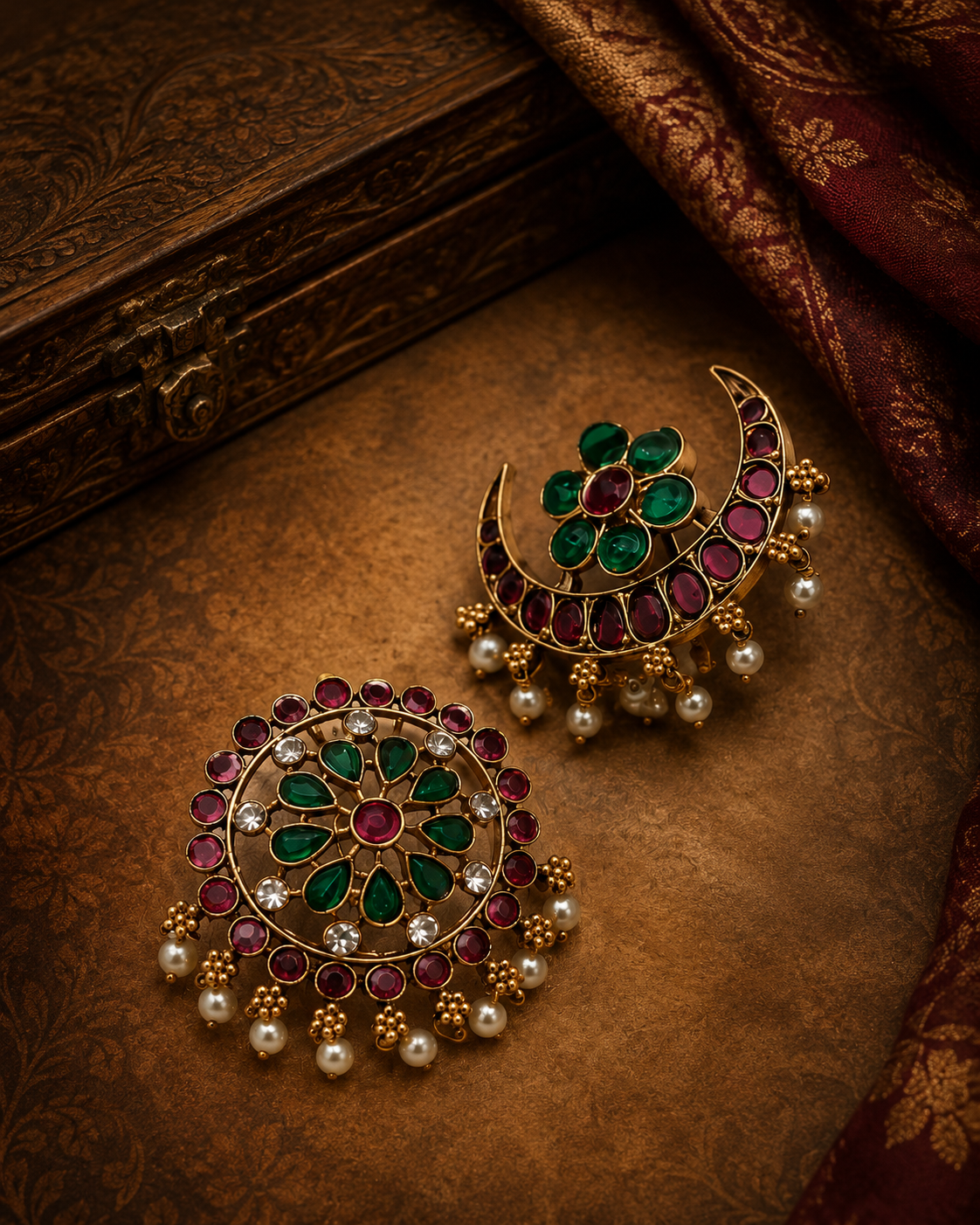 Antique Gold Kemp Ruby Emerald Crescent Chandbali Earrings | LLB0267