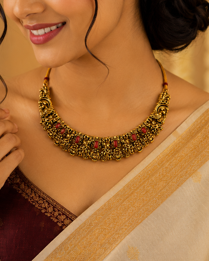 Antique Gold Floral Choker Necklace with Red Coral Stones & Gold Dori | LLB0223