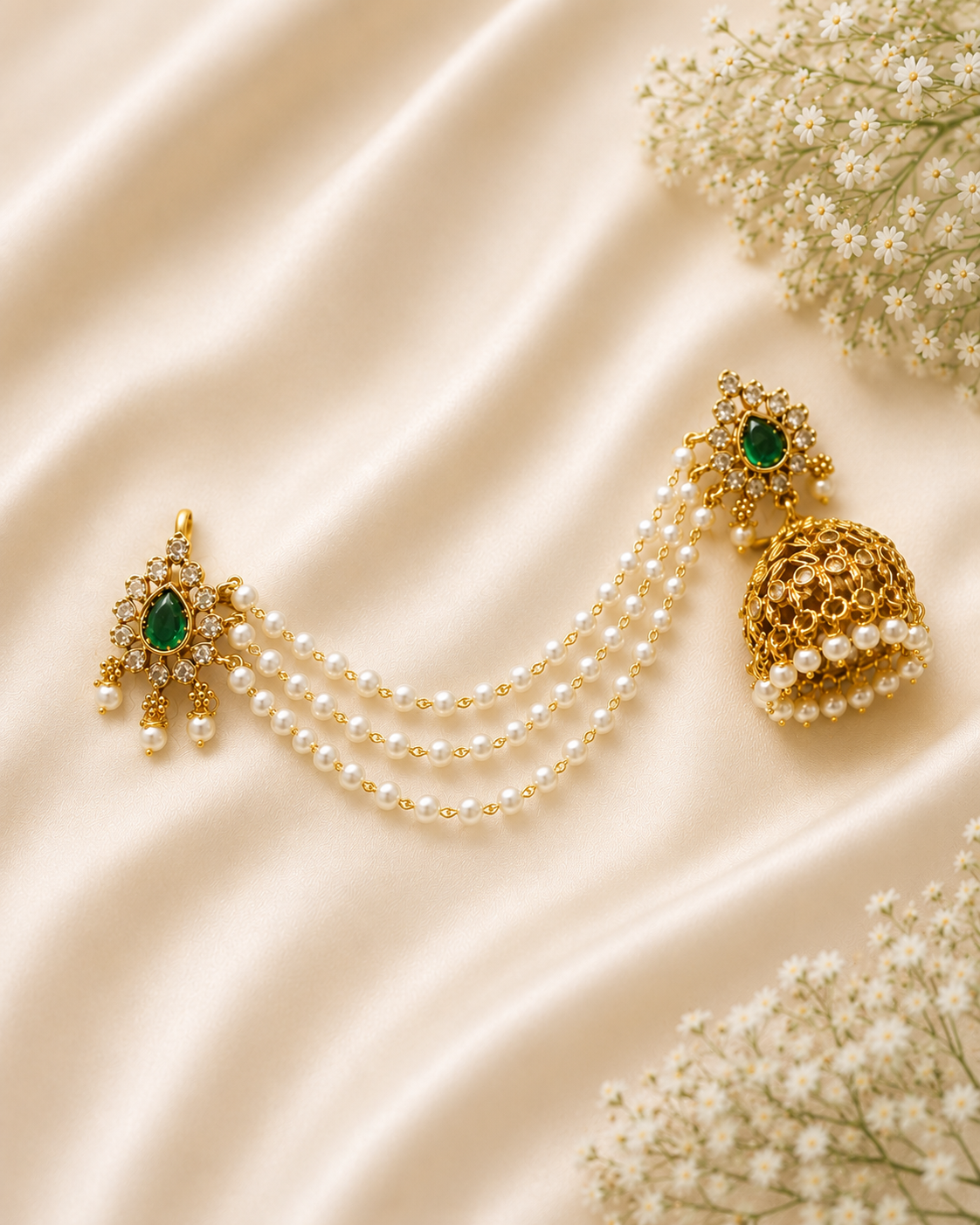 Gold Jhumka Earrings with Emerald Stone & Pearl Chain Ear Cuff | LLB0238