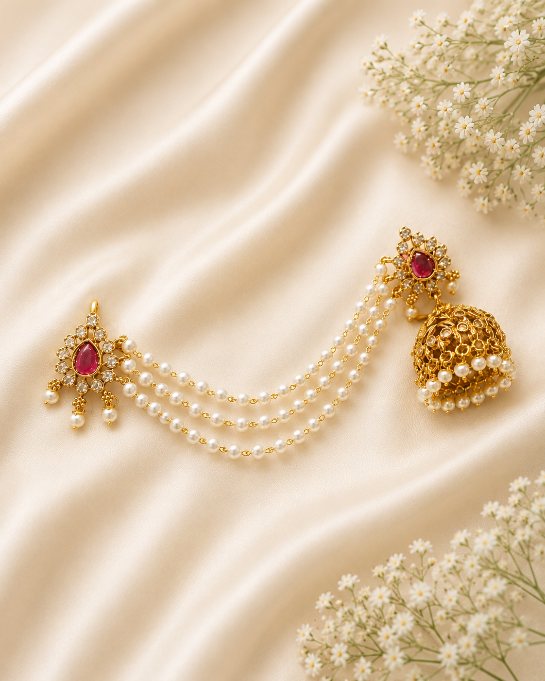 Gold Jhumka Earrings with Emerald Stone & Pearl Chain Ear Cuff | LLB0238