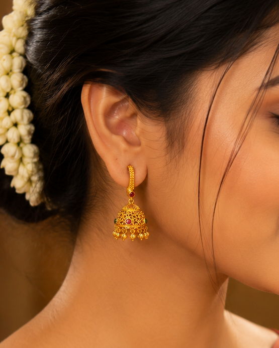 Gold Jhumka Earrings with Ruby & Emerald Stones | LLB0237