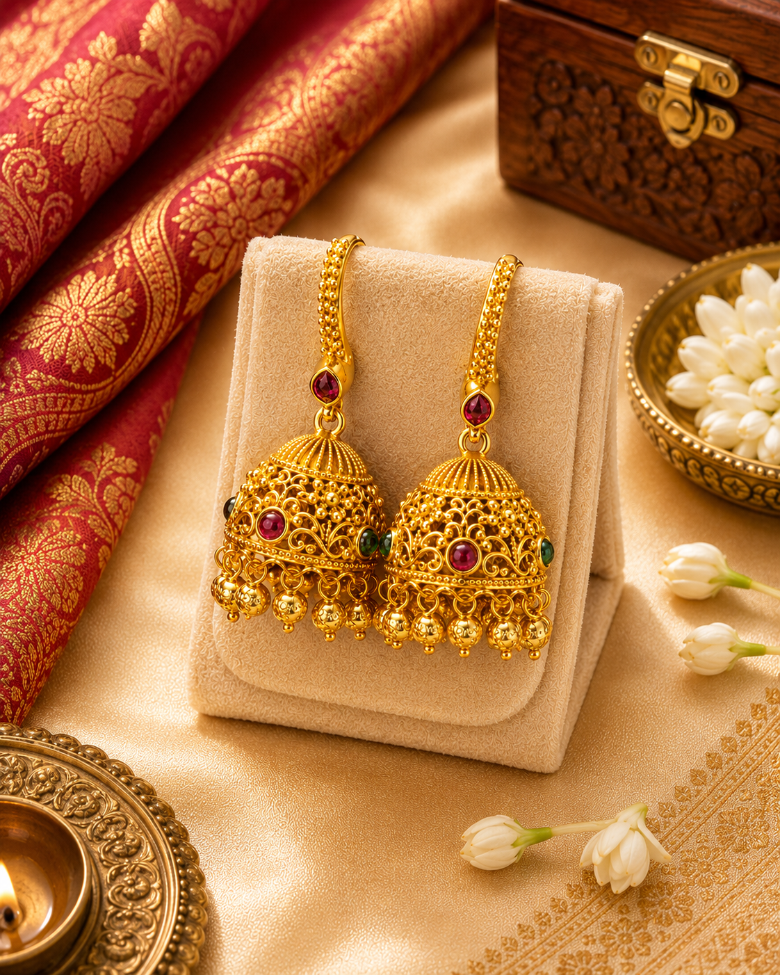 Gold Jhumka Earrings with Ruby & Emerald Stones | LLB0237