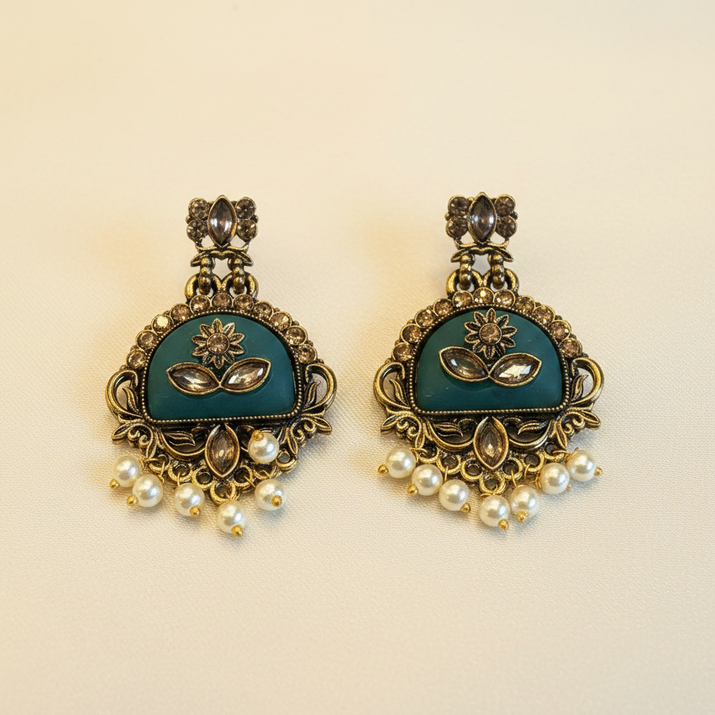 Teal Enamel Chandbali Earrings | Kundan Floral & Pearl Drops | llb0110