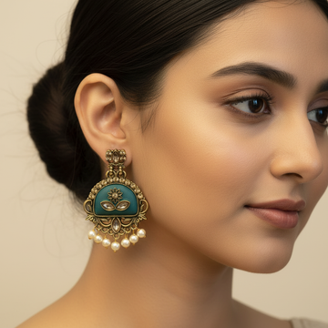 Teal Enamel Chandbali Earrings | Kundan Floral & Pearl Drops | llb0110