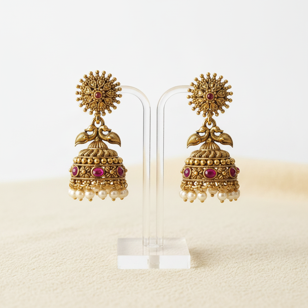 Antique Gold Peacock Jhumka Earrings with Ruby & Pearl Drops | LLB0177