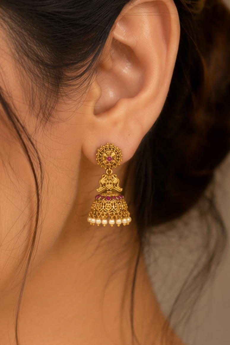 Antique Gold Peacock Jhumka Earrings with Ruby & Pearl Drops | LLB0177