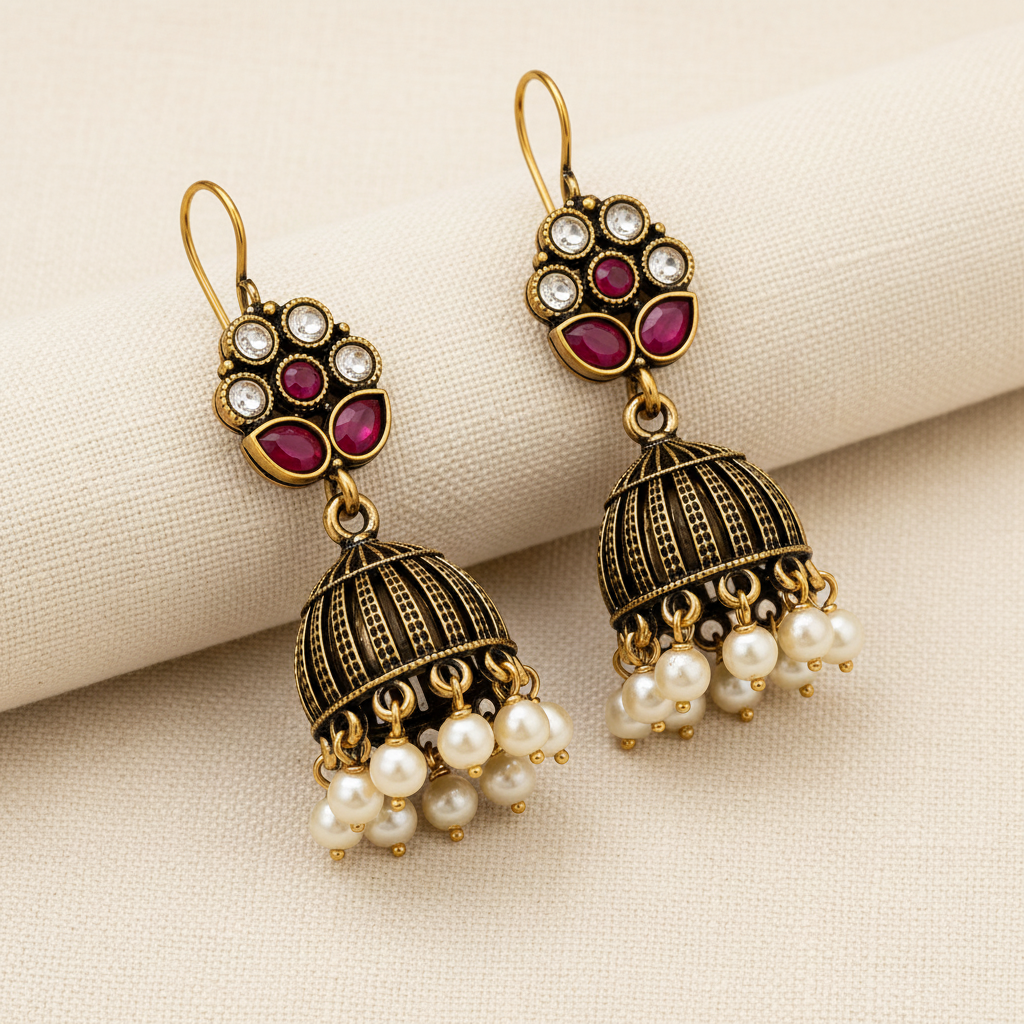 Oxidised Gold Ribbed Jhumka Earrings with Ruby Crystal & Pearl Drops | LLB0181