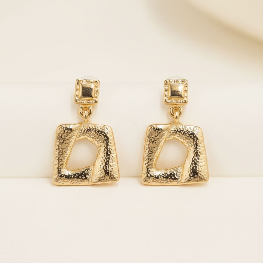 Gold Hammered Geometric Drop Earrings with Cut-Out Pendant | Llb0182