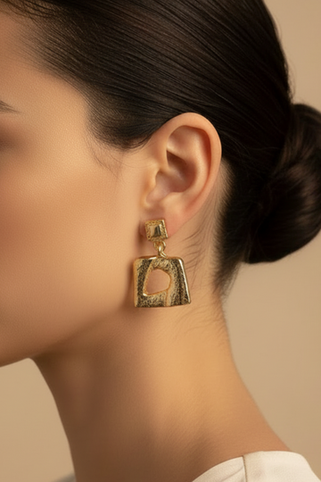 Gold Hammered Geometric Drop Earrings with Cut-Out Pendant | Llb0182