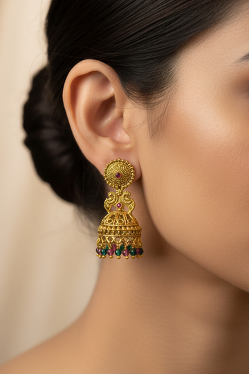 Antique Gold Peacock Filigree Jhumka Earrings with Ruby & Emerald | LLB0172