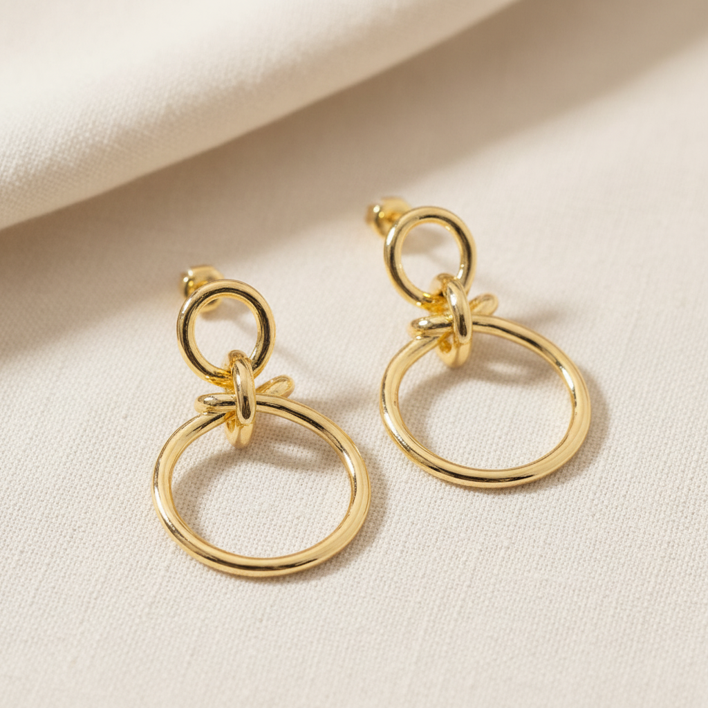 Gold Double Ring Chain Link Drop Earrings | LLB0185