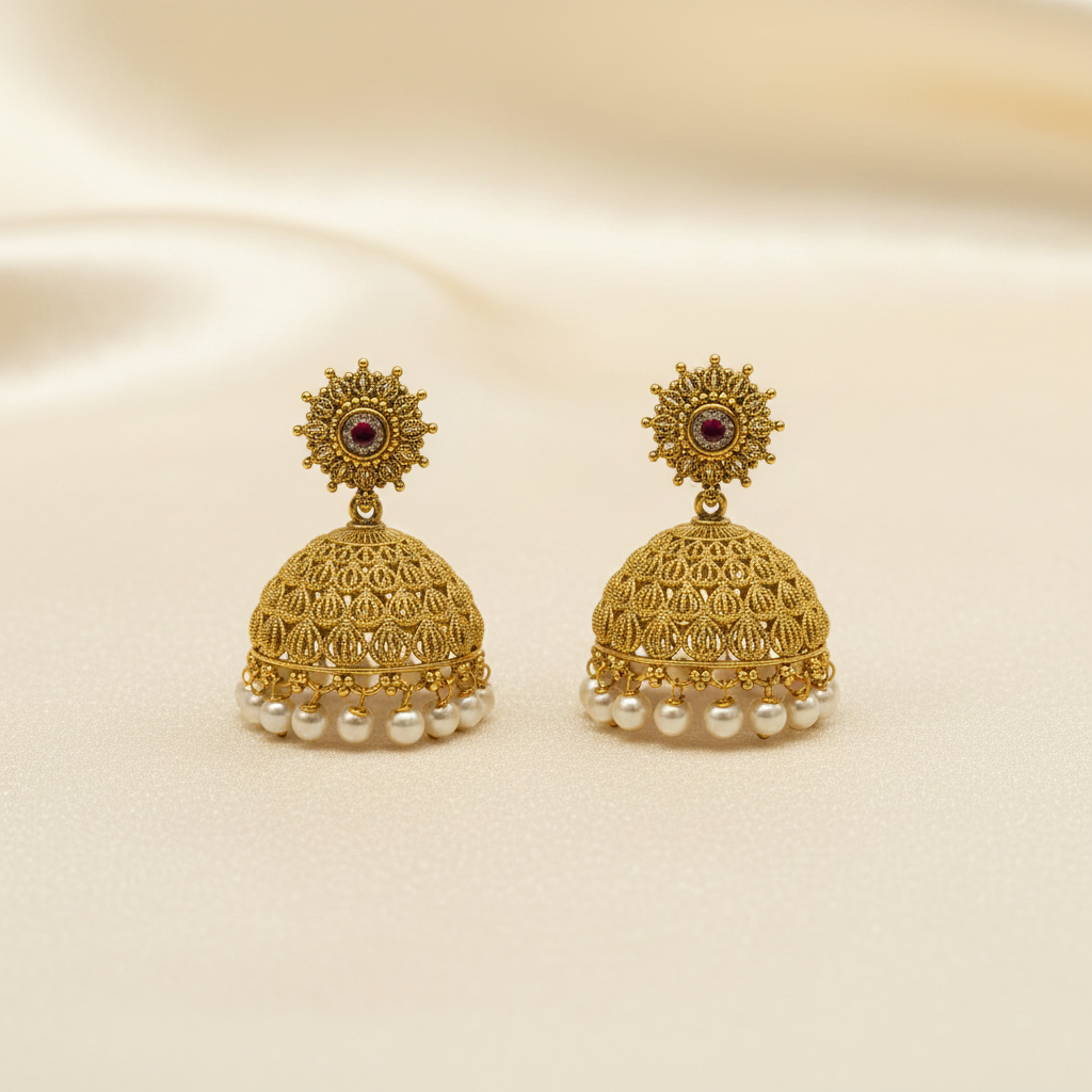 Antique Gold Leaf Filigree Jhumka Earrings with Pearl Drops | LLB0173