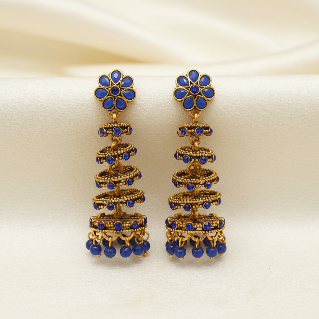 Antique Gold Blue Sapphire Spiral Cage Jhumka Earrings | LLB0190