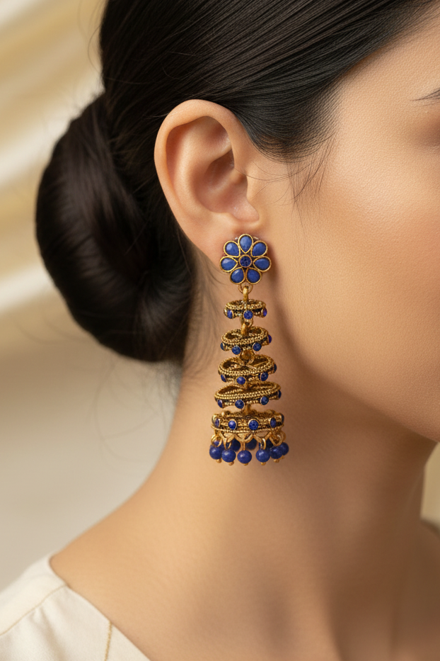 Antique Gold Blue Sapphire Spiral Cage Jhumka Earrings | LLB0190