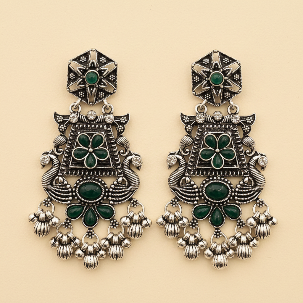 Oxidised Silver Green Emerald Chandelier Drop Earrings | LLB0191