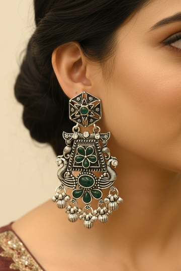 Oxidised Silver Green Emerald Chandelier Drop Earrings | LLB0191