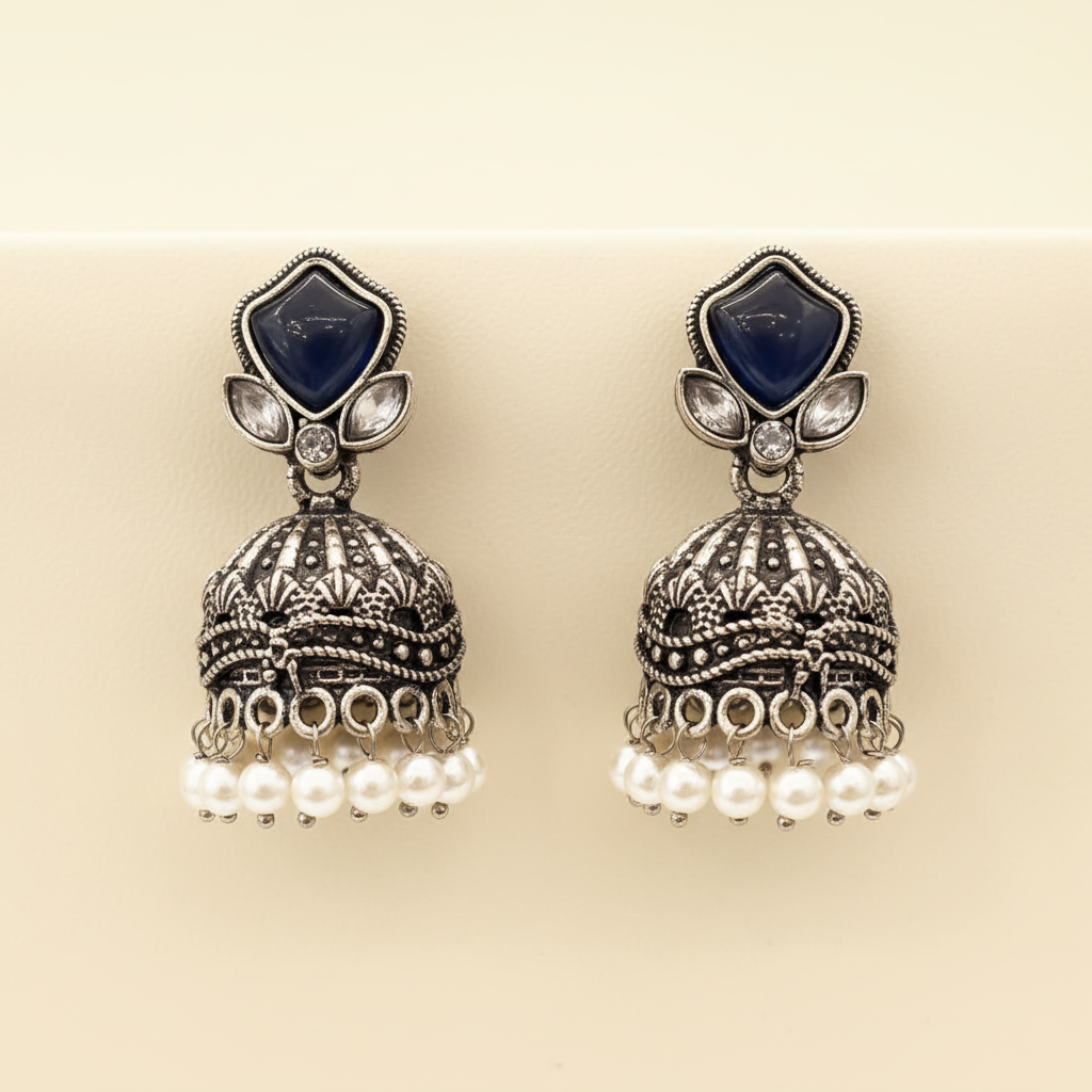 Oxidised Silver Navy Blue Stone Jhumka Earrings with Pearl Drops | LLB0195