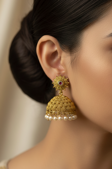 Antique Gold Leaf Filigree Jhumka Earrings with Pearl Drops | LLB0173