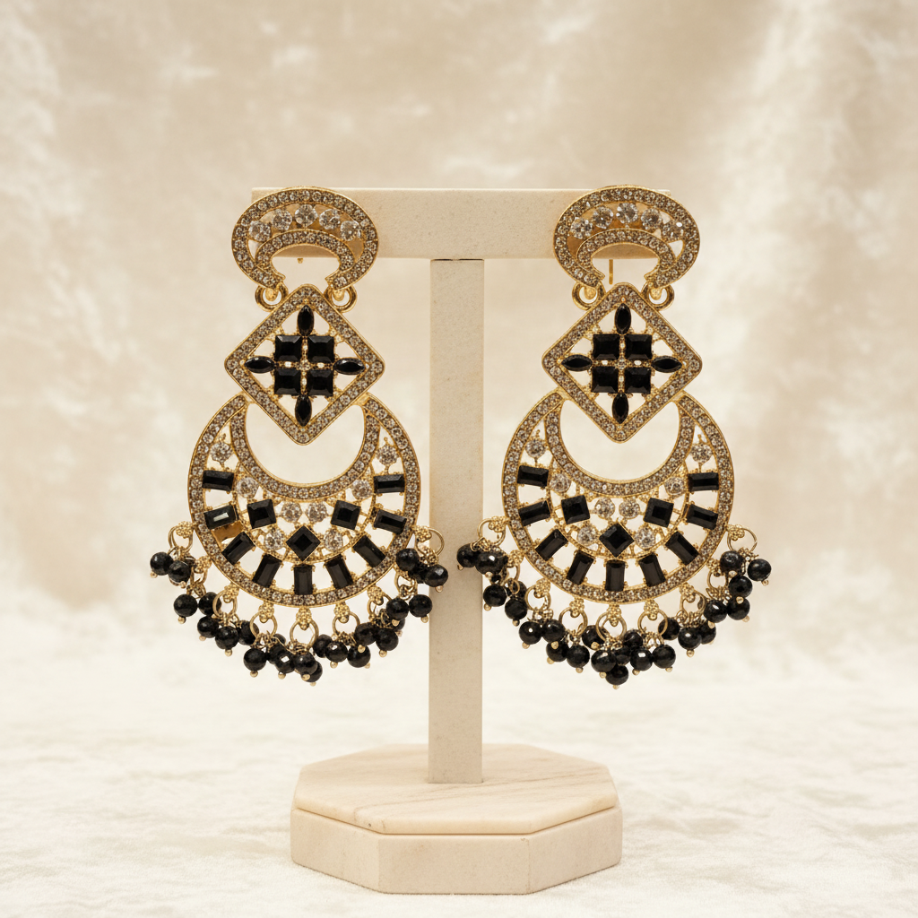 Gold Black Crystal Chandelier Drop Earrings | LLB0192