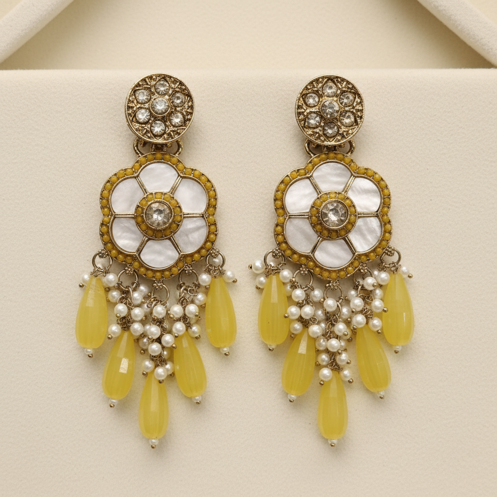 Gold Floral Pearl Chandelier Earrings with Yellow Citrine Drops | LLB0193