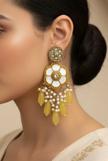 Gold Floral Pearl Chandelier Earrings with Yellow Citrine Drops | LLB0193