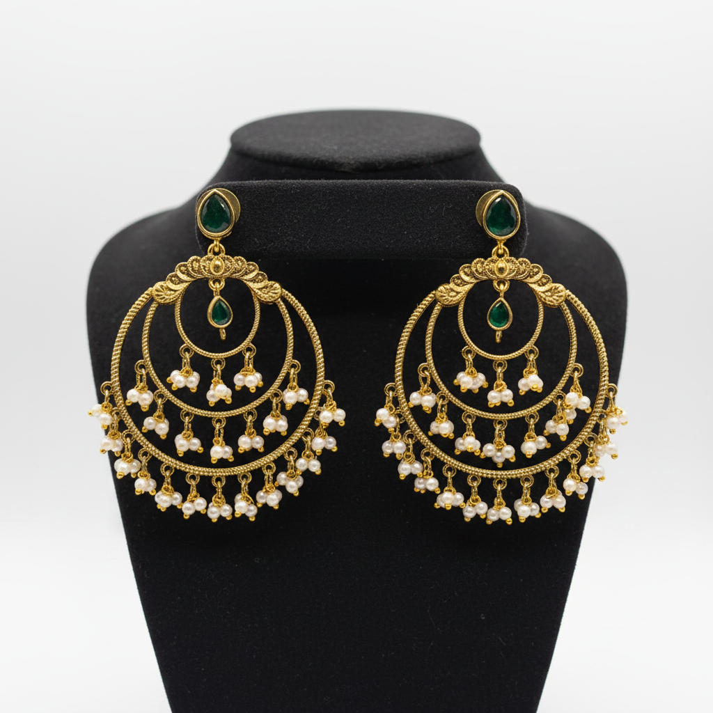 Antique Gold Triple Hoop Chandbali Earrings with Emerald & Pearl | LLB0174
