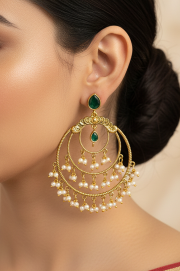 Antique Gold Triple Hoop Chandbali Earrings with Emerald & Pearl | LLB0174