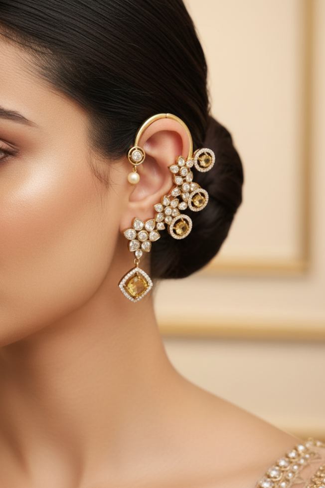 Gold CZ Diamond Citrine Ear Cuff Earrings with Square Drop | LLB0175
