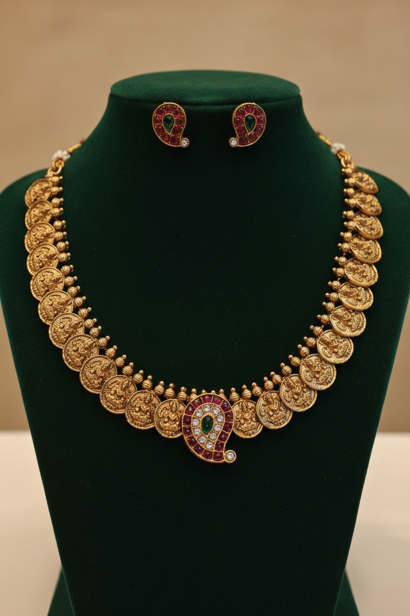 Antique Gold Kasu Lakshmi Coin Necklace Set | OL90