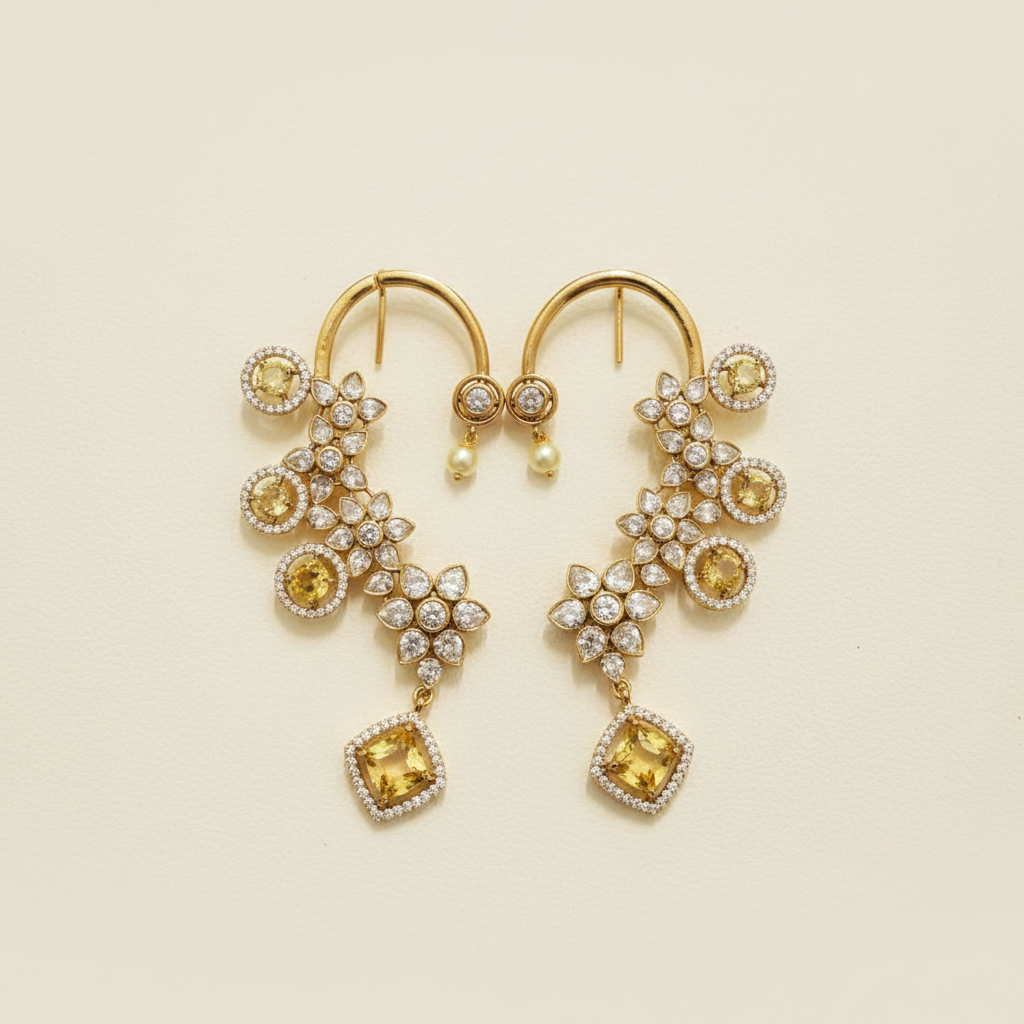 Gold CZ Diamond Citrine Ear Cuff Earrings with Square Drop | LLB0175