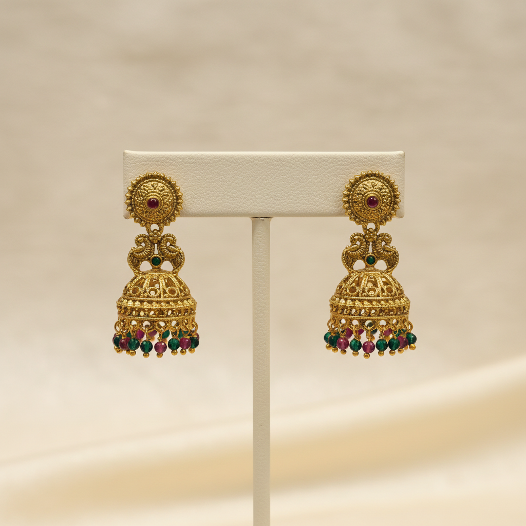 Antique Gold Peacock Filigree Jhumka Earrings with Ruby & Emerald | LLB0172