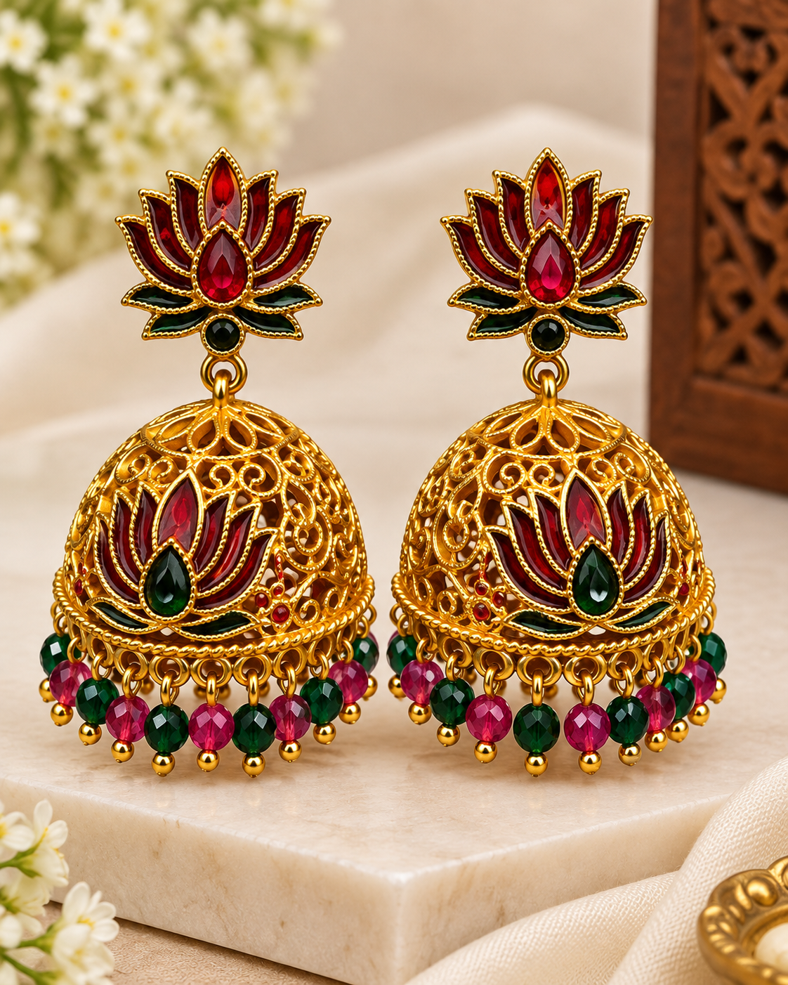 Multi Colour Lotus Jhumka Earrings - P4 | L14802